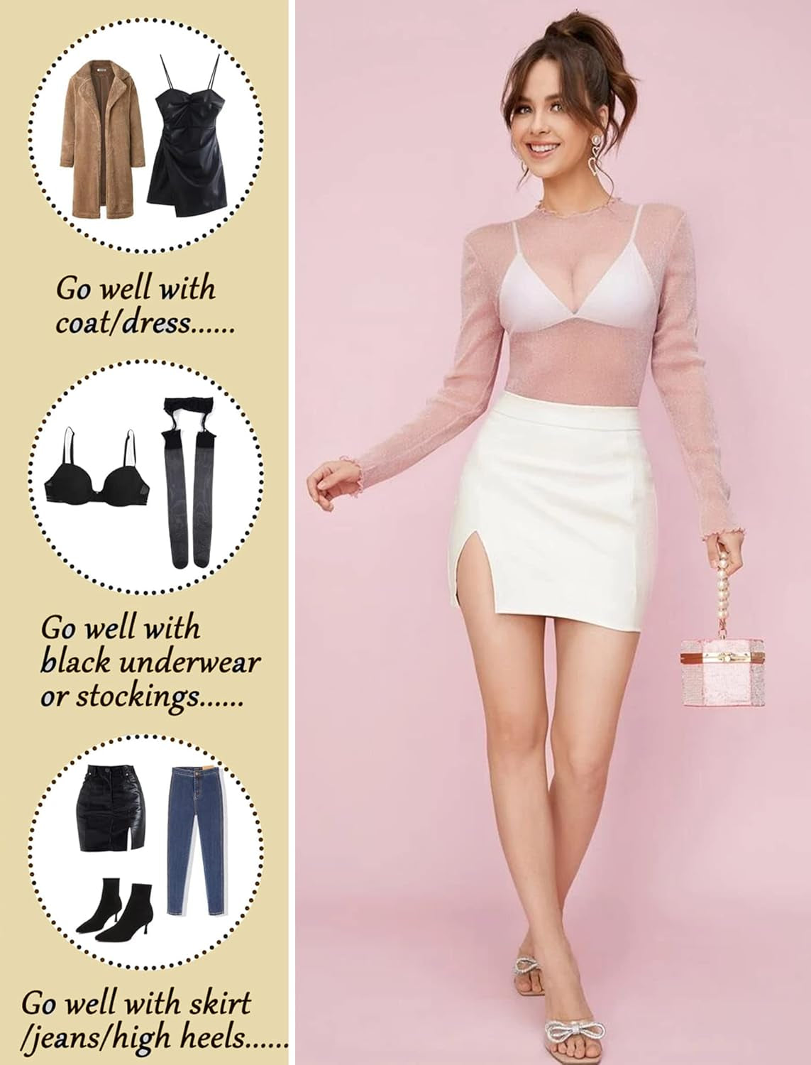 Women'S Elastic Fishnet Long Sleeve Mesh Crop Top Clubwear See through Beige Medium