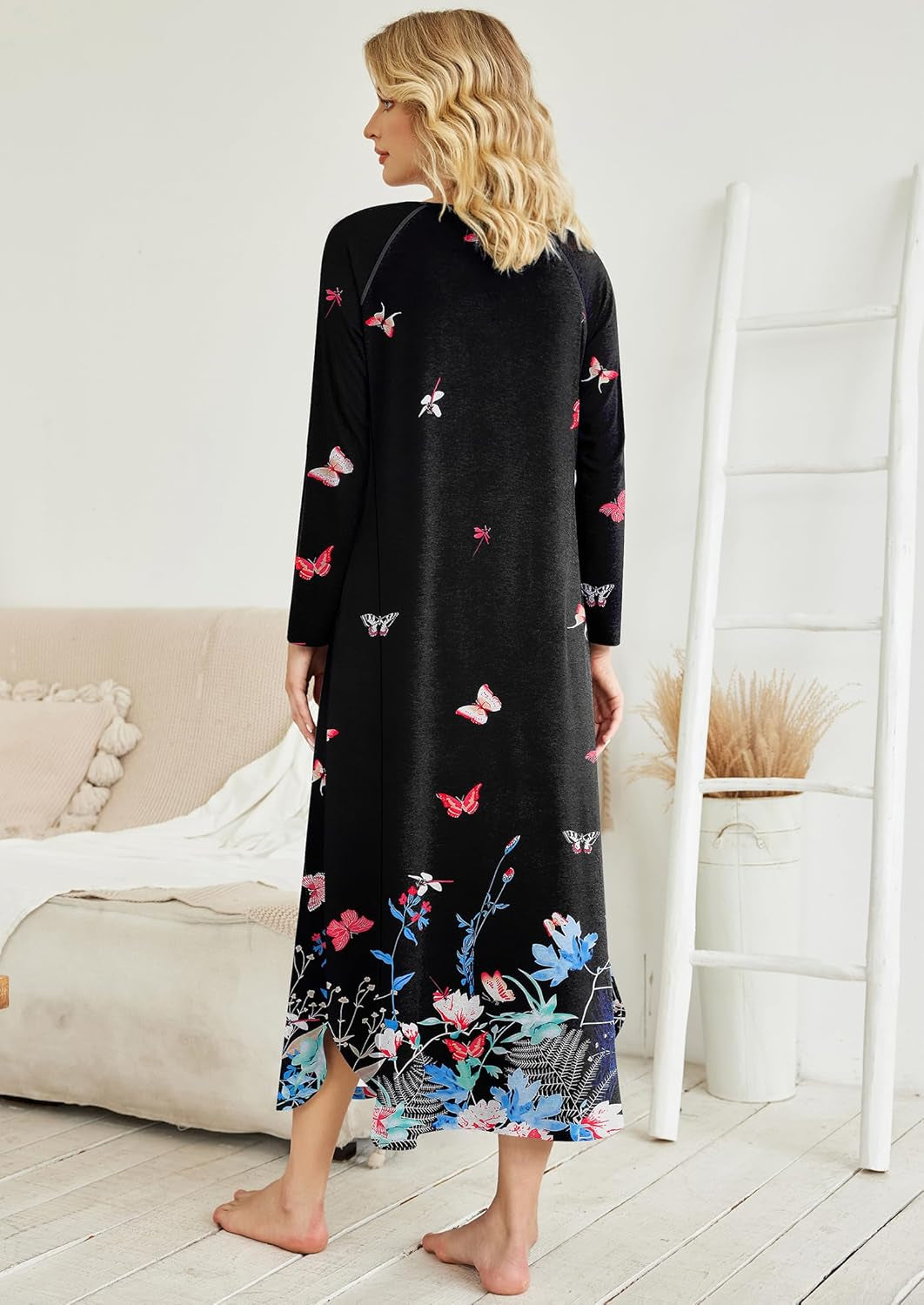 Women'S Nightgown V-Neck Loungewear Long Sleeve Sleepwear Full Length Nightgown for Women S-4XL