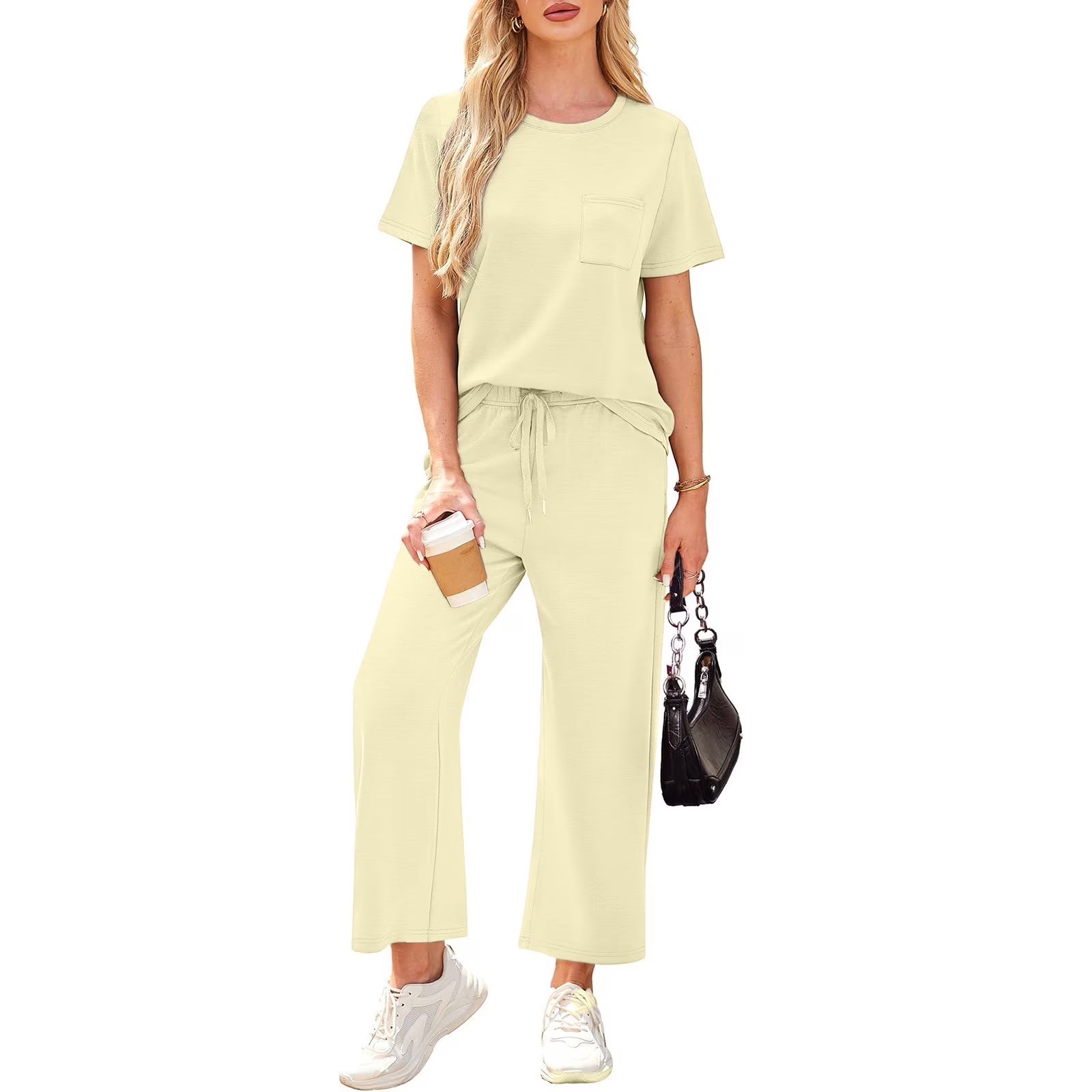 Two Piece Sets for Women Summer Short Sleeve Lounge Sets for Women Casual Travel Outfits Wide Leg Tracksuits Beige S