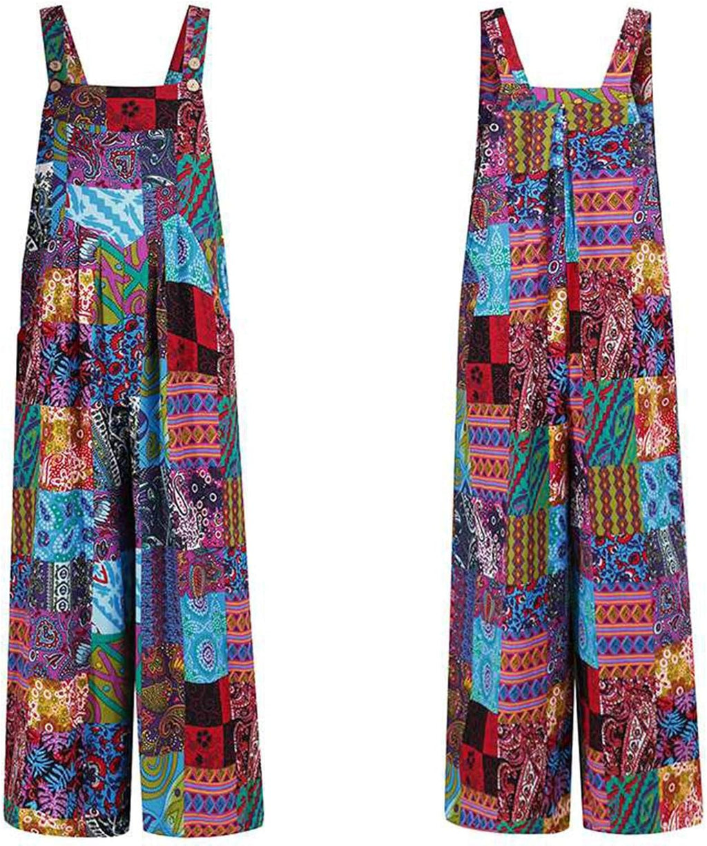 Linen Jumpsuit for Women Casual Suspender Jumpsuit Wide Leg Bib Pants Floral Rompers Overalls with Pockets