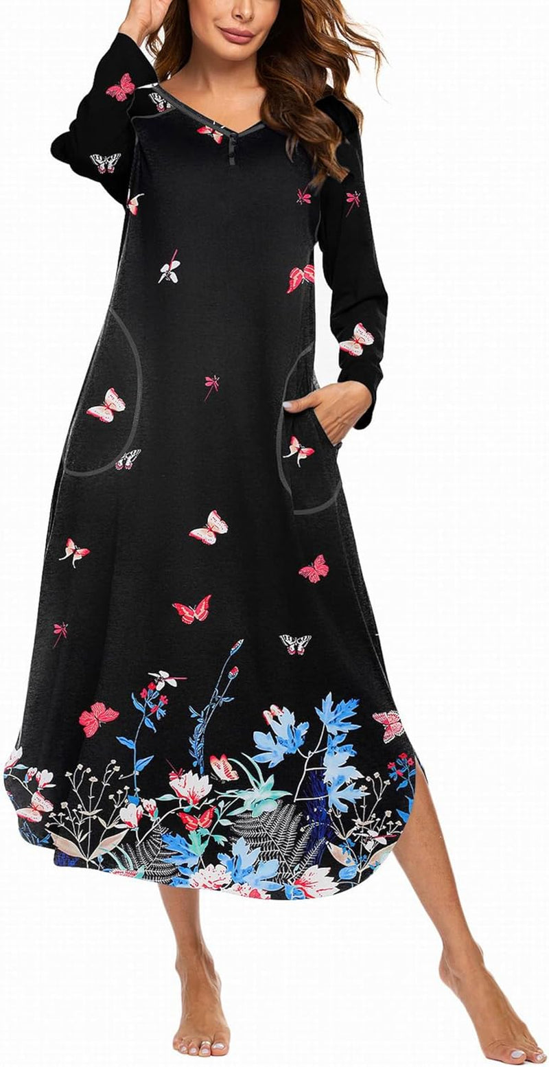 Women'S Nightgown V-Neck Loungewear Long Sleeve Sleepwear Full Length Nightgown for Women S-4XL