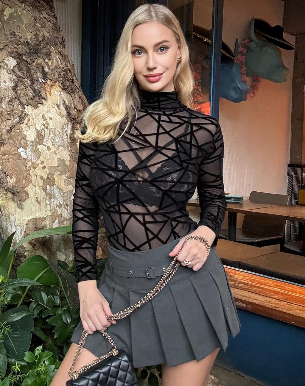 Long Sleeve Bodysuit for Women Mesh Bodysuit Turtleneck Sheer Tops Geo Print Leotards S-XXL