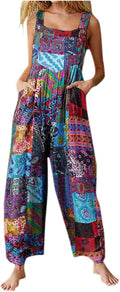Linen Jumpsuit for Women Casual Suspender Jumpsuit Wide Leg Bib Pants Floral Rompers Overalls with Pockets