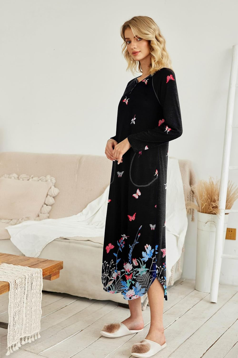 Women'S Nightgown V-Neck Loungewear Long Sleeve Sleepwear Full Length Nightgown for Women S-4XL
