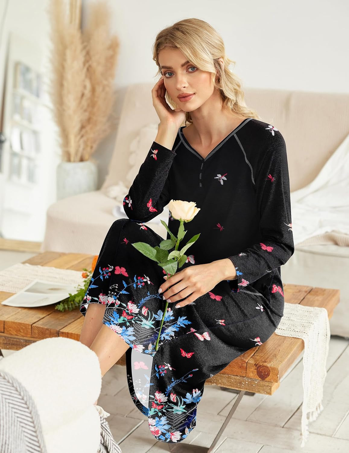 Women'S Nightgown V-Neck Loungewear Long Sleeve Sleepwear Full Length Nightgown for Women S-4XL